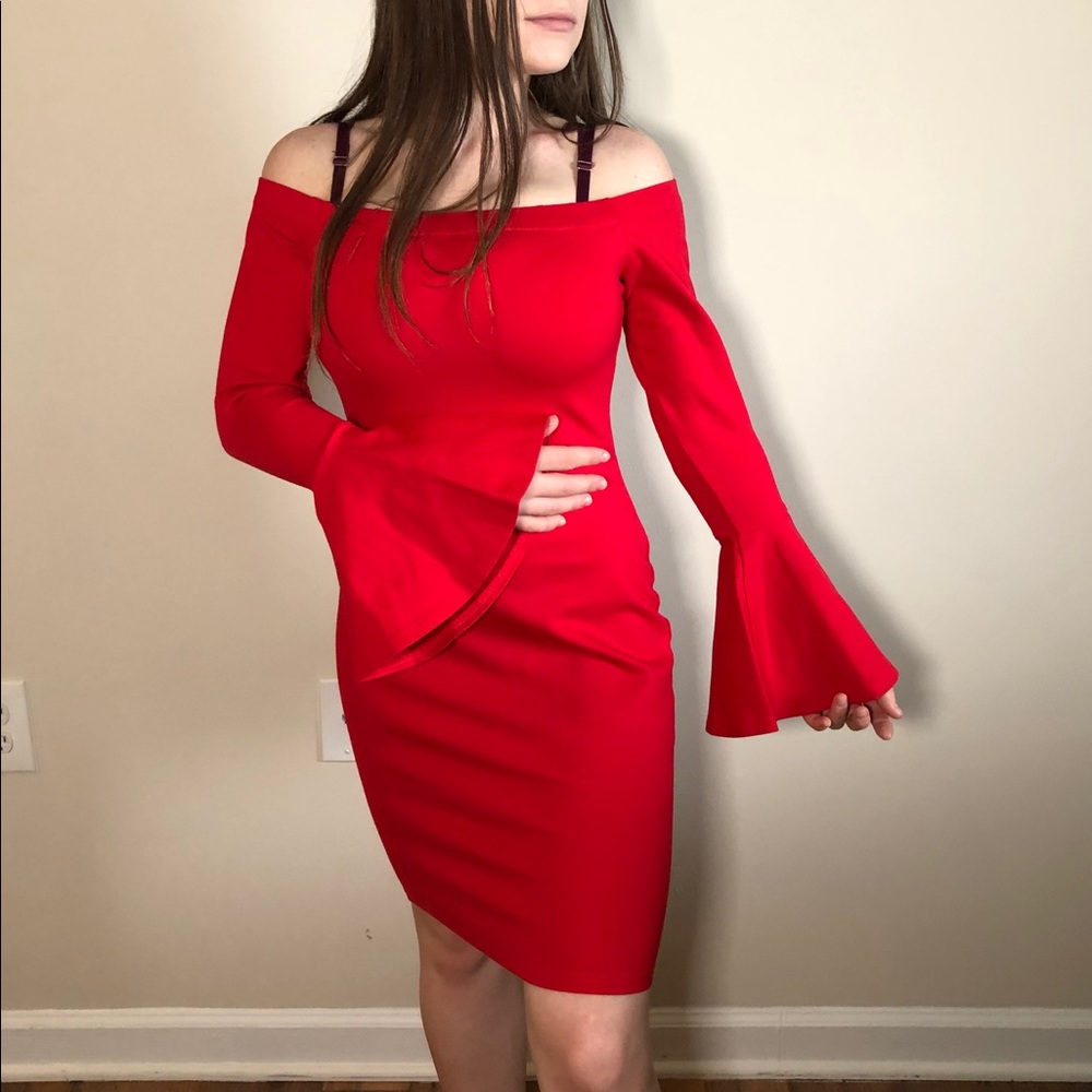 Red bodycon dress ruffle sleeves